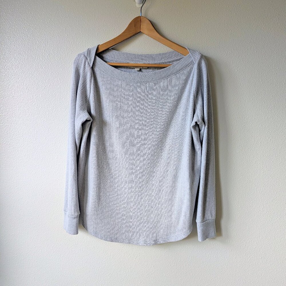 LOFT Pointelle Knit Sweater with Notched Boat Collar in Gray Size L